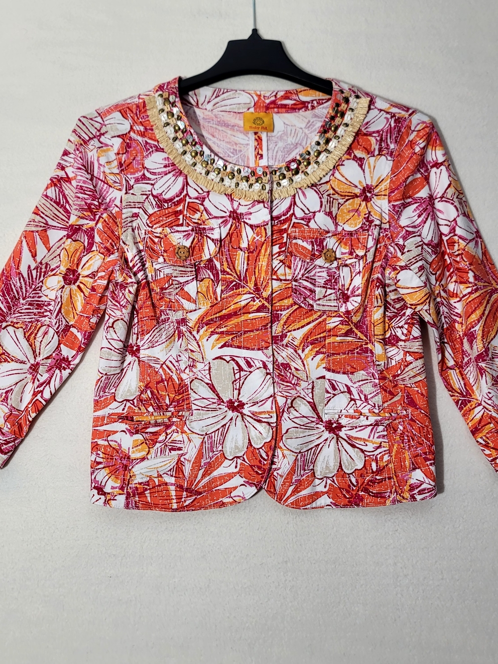 Ruby Rd. Floral Sequin-Trim Jacket in Orange & White